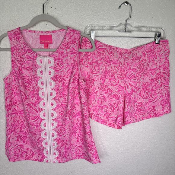 Lilly Pulitzer Tops - Lilly Pulitzer Fola Set Women 4 Pink Blossom Foxy Llama Top Shorts Floral Resort